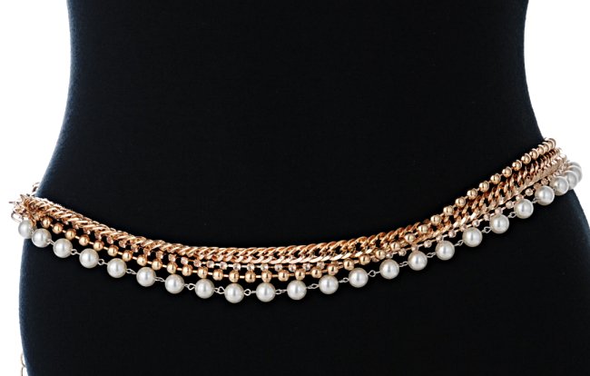 pearls and stones layered gold chain belt