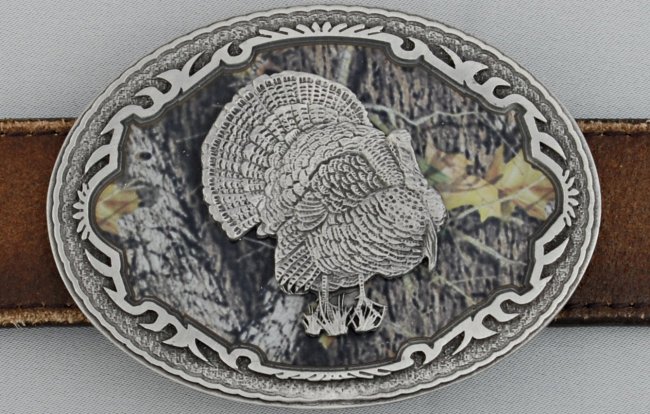 Mossy Oak American turkey oval belt buckle in pewter