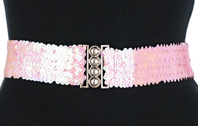 pink sequin stretch belt with multi interlocking buckle