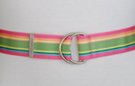 1-1/2" burnished D-ring ribbon belt with tab, 5 color stripe with pink, green, yellow and blue