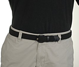 black stretch belt with polo shirt and khakis