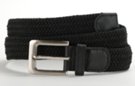 black stretch belt with silver buckle and genuine leather tabbing