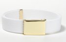 white 1-1/4" military-style web belt, shown with nickel polish buckle