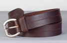 brown top-grain oil-tanned leather belt with center stitch, roller buckle and leather keeper