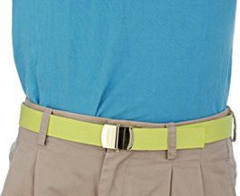 cyan polo shirt with lime green military belt