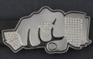 rhinestone belt buckle showing fist with diamond and cash