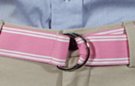 1-1/2" burnished D-ring ribbon belt with plain tip, pink with white border stripes