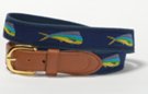 navy blue mahi-mahi embroidered web belt with leather tabs, gold-tone buckle