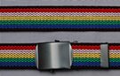 military web belt; red, white, blue, green and yellow stripes on black with black buckle