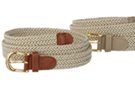 beige and white narrow braided stretch belt with leather tabs and brass buckle