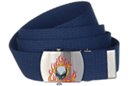 skull and flames buckle on blue web belt