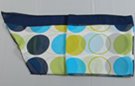 chiffon belt scarf with midnight blue, light blue and green disks and circles on white with midnight blue border