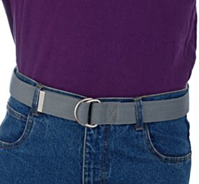 purple polo shirt with gray D-ring belt