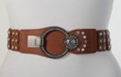 tan rhinestone high waist stretch belt with hoop and medallion buckle