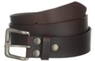 dark brown solid leather belt with snap-off pewter buckle
