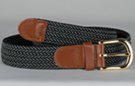 braided stretch belt, black and grey mix, tan leather tabs, brass buckle