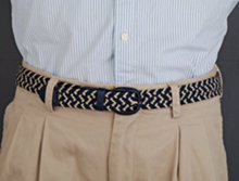 navy blue and beige men's stretch belt on model