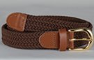 brown narrow braided knitted elastic belt, brass buckle and tan leather tabs