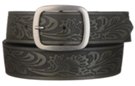 pewter center bar buckle on black western embossed belt
