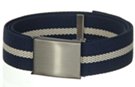 navy blue and white striped wide web belt with military buckle